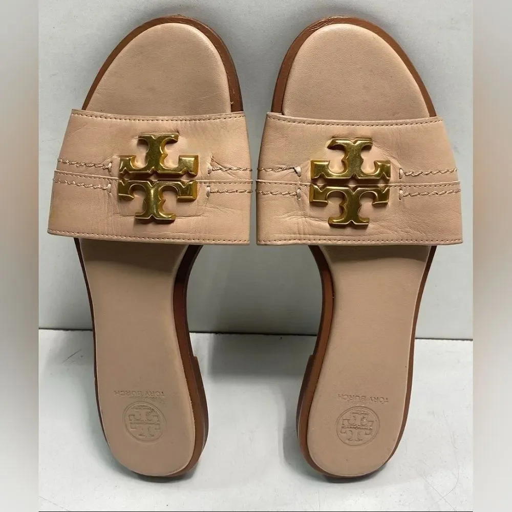 Tory Burch Designer Everly Tan Cream Beige Slide Sandals 7